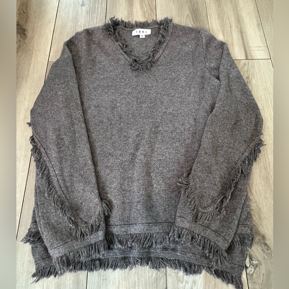 Anthropologie THML Gray V Neck Sweater Fringe Pullover women’s extra small